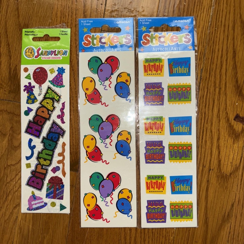NEW SandyLion Prismatic Happy Birthday Amscan Balloon Stickers 3 Sheets Vintage